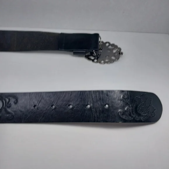 White House Black Market Black Leather Roses Filigree Style Belt Buckle Sz M - Picture 5 of 10